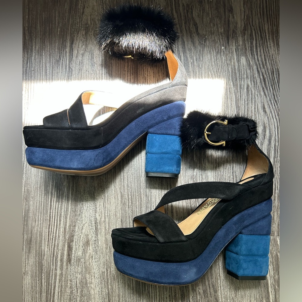 Salvatore Ferragamo Black and Blue Platform Heels